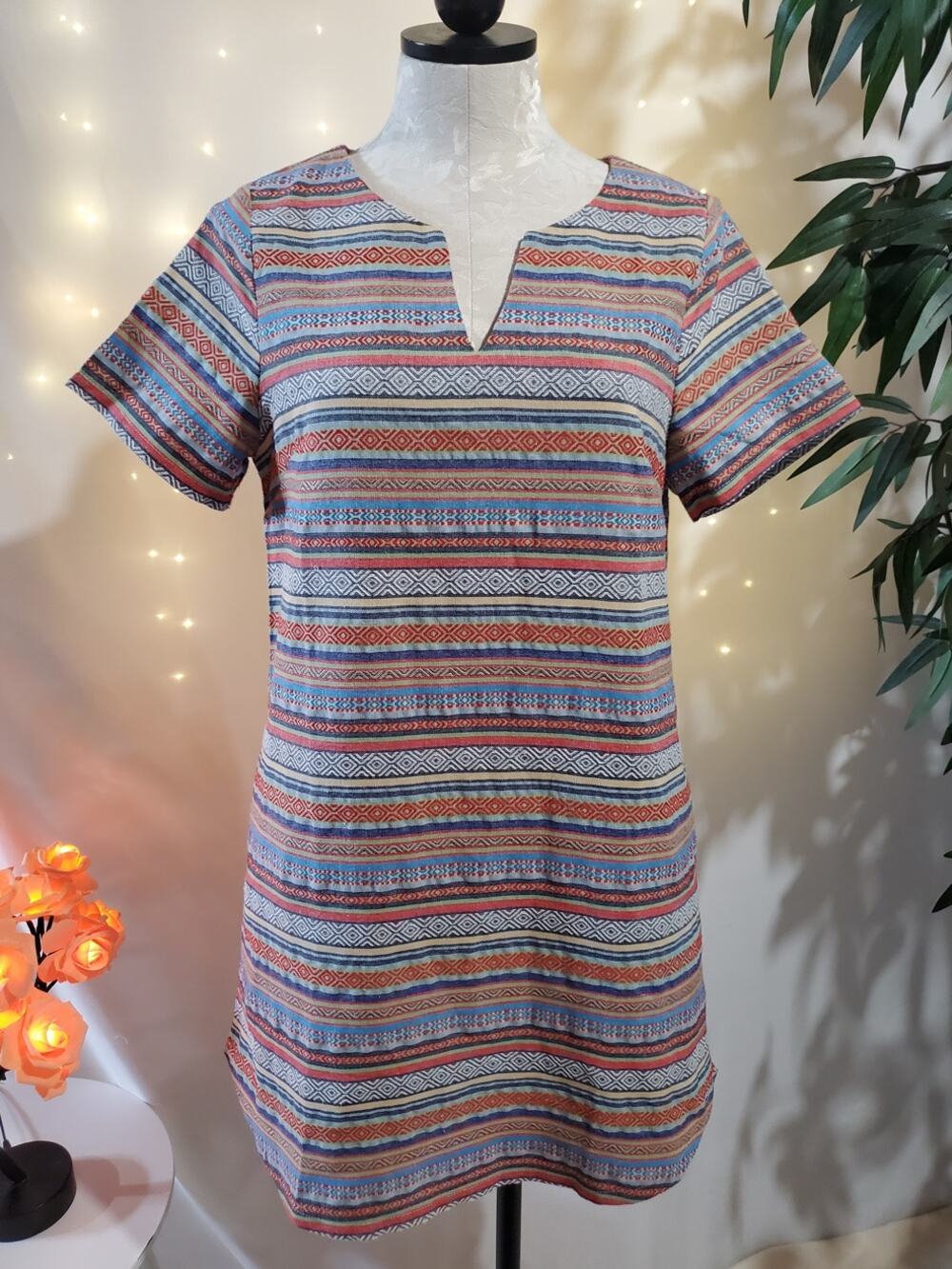 Ellison Anthro Southwestern Woven Boho Stripe Tunic Mini Shift Dress Women's S